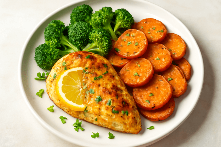 Leichtes Zitronen-Hähnchen mit Brokkoli und Süßkartoffeln