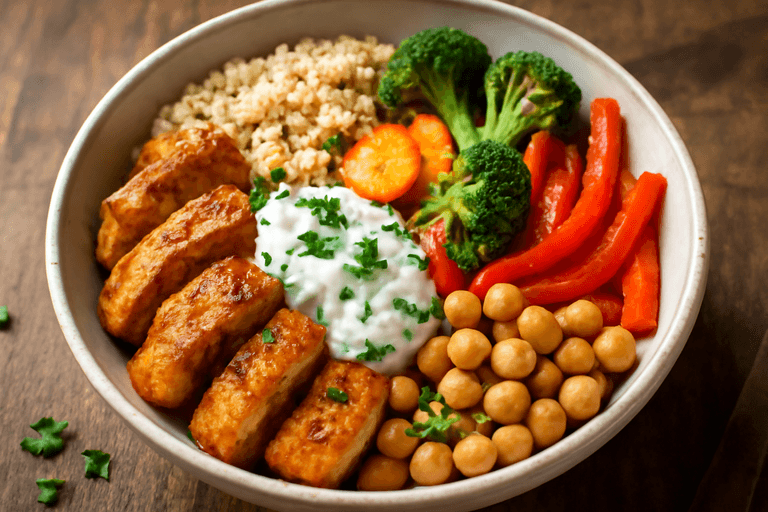 Herzhafte Hähnchen-Bowl mit Quinoa und Gemüse