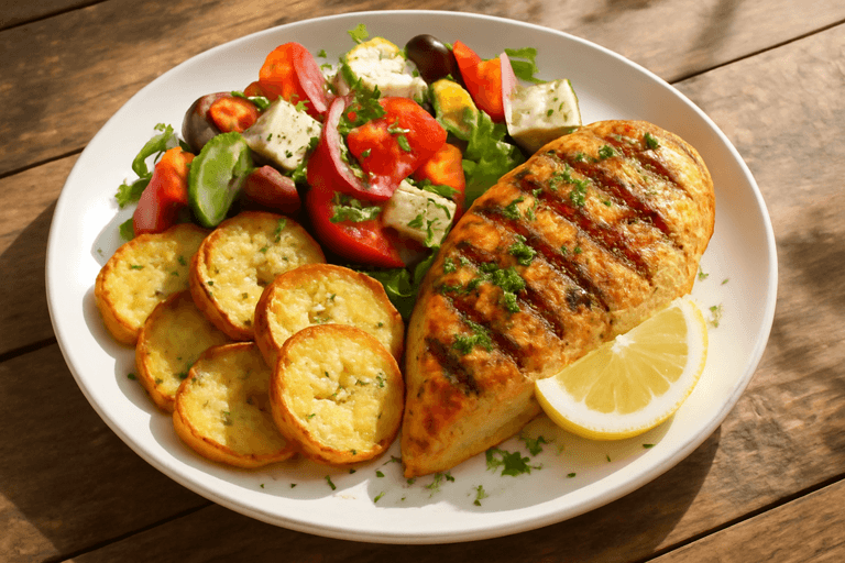 Κοτόπουλο στη σχάρα με σαλάτα χωριάτικη και ψητές πατάτες