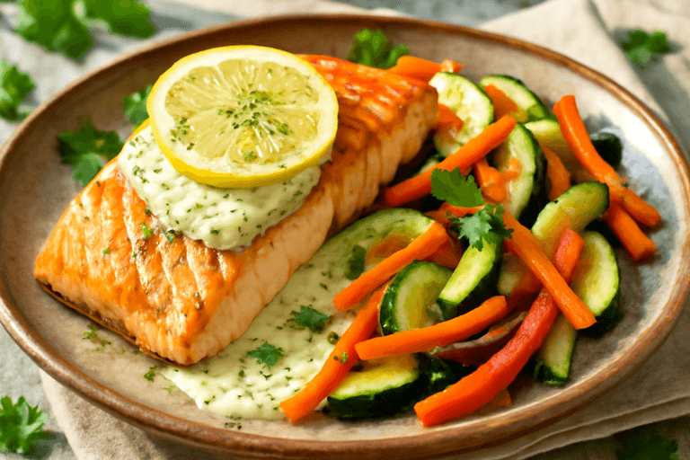 Σολομός στη σχάρα με λαχανικά και λεμονάτη σως για απώλεια βάρους