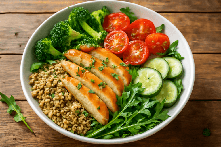 Hähnchen-Kräuter-Bowl mit Quinoa und buntem Gemüse