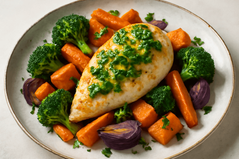 Lätt kycklingfilé med rostade grönsaker och gremolata