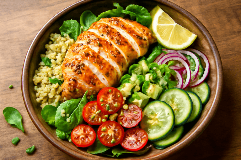 Färgglad kycklingsallad med quinoa och citron-vinägrett