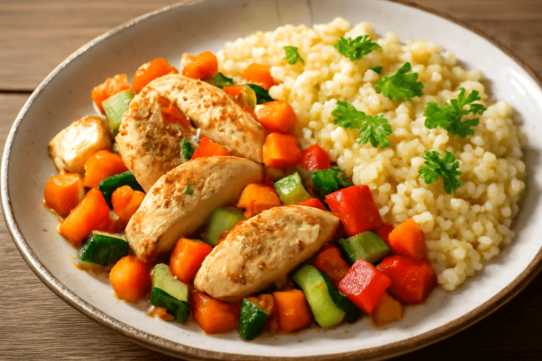 Filet z kurczaka z duszonymi warzywami i kaszą jaglaną