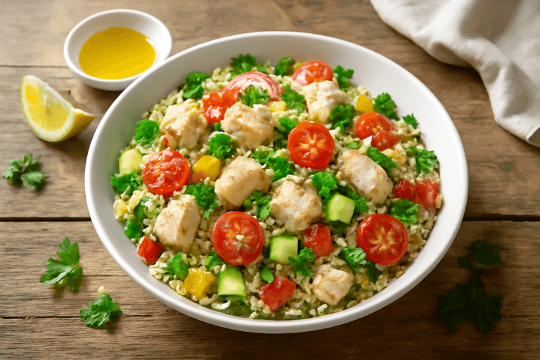 Лёгкий куриный салат с овощами и киноа