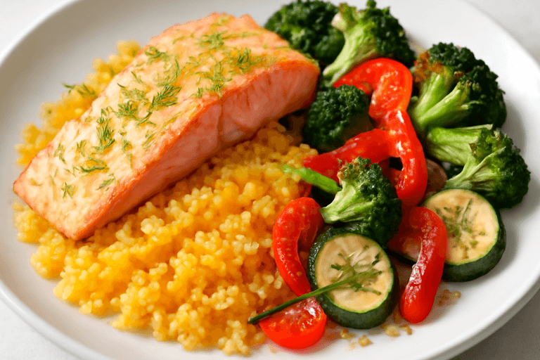 Laxfilé med citrusquinoa och rostade grönsaker