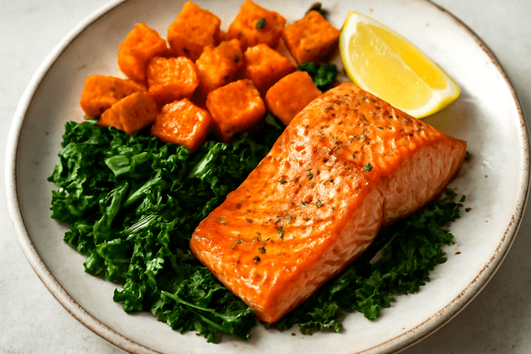 Laxfilé med rostad sötpotatis och grönkål