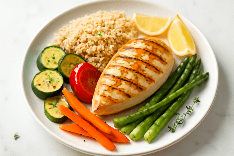 Pollo a la plancha con verduras asadas y quinoa