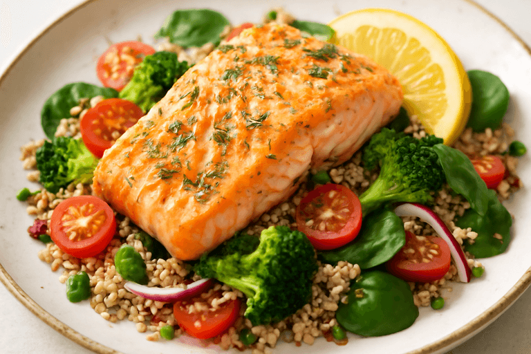 Ugnsbakad lax med citron, quinoa och grönsaker