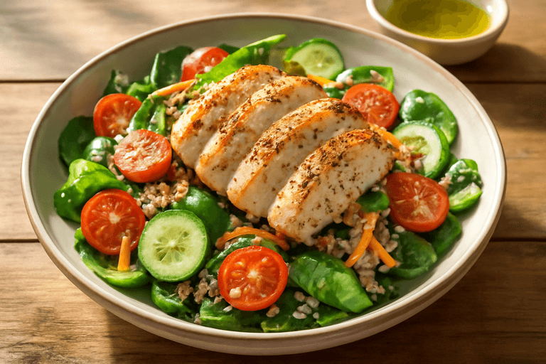Klassisk kycklingsallad med quinoa och färska grönsaker