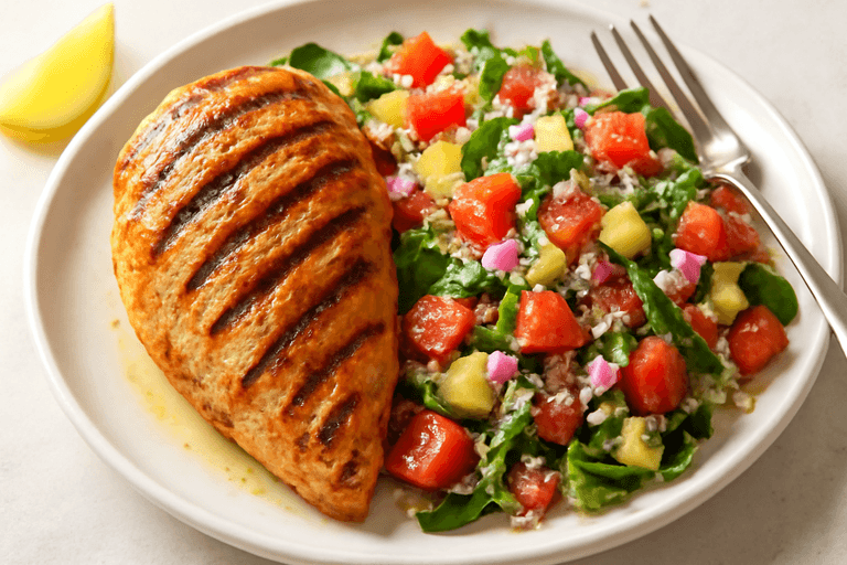 Pollo a la plancha con ensalada fresca y quinoa