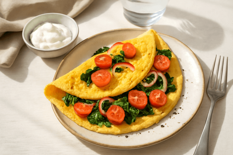 Proteinrik klassisk omelett med spenat och tomat