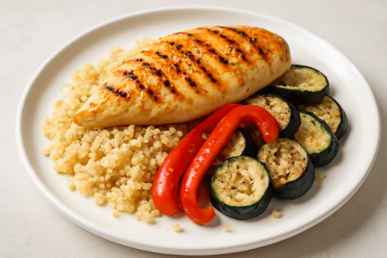 Κοτόπουλο σχάρας με ψητά λαχανικά και κινόα