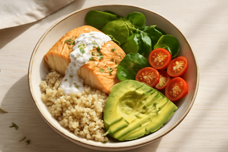 Lax- och Quinoa Skål med Grönsaker & Citronyoghurt
