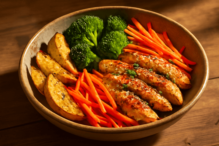 Kräftige Hähnchen-Bowl mit Ofenkartoffeln & Brokkoli