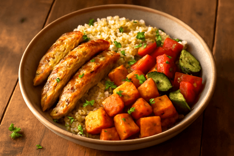 Herzhafte Hähnchen-Quinoa-Bowl mit geröstetem Gemüse