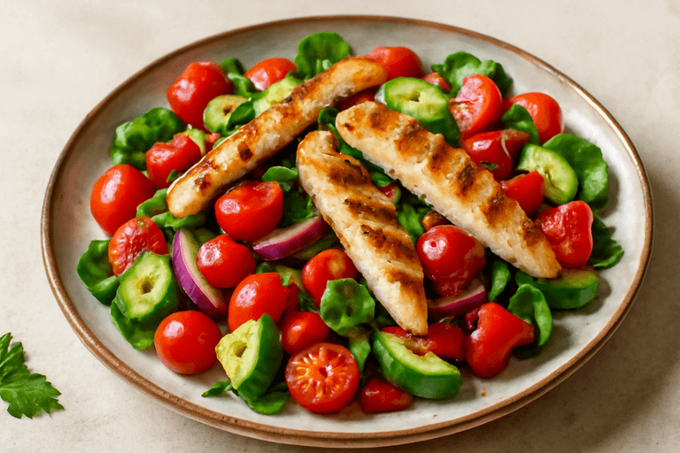Leichter mediterraner Hähnchen-Gemüse-Salat