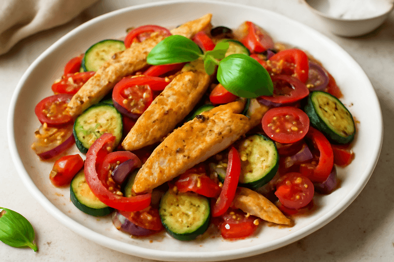 Leichtes gebratenes Hähnchen mit mediterranem Gemüse