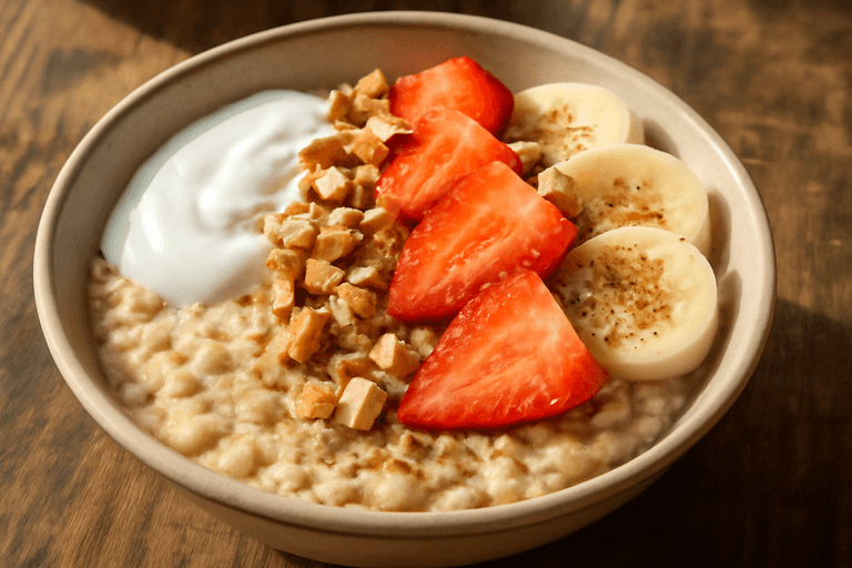 Tazón de Desayuno Proteico con Avena, Yogur y Frutas Frescas