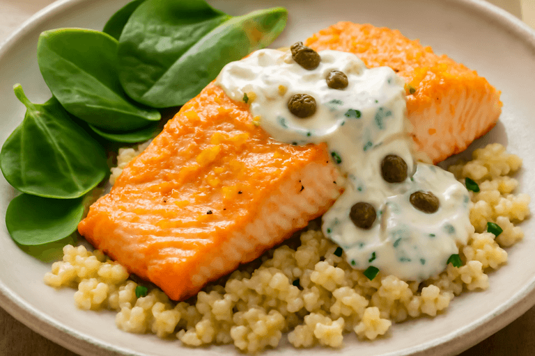 Lax med blomkålsris och citron-yoghurtsås