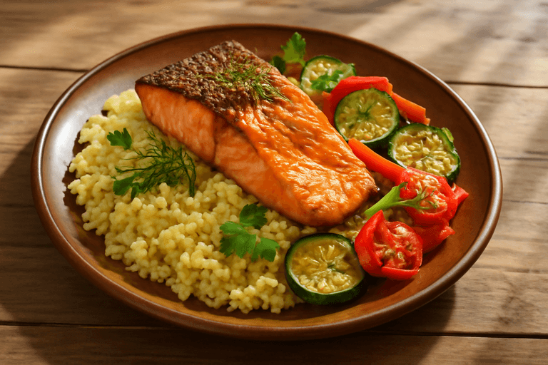 Pieczony łosoś z warzywami i kaszą jaglaną