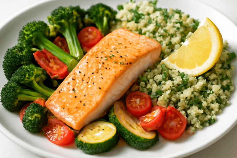 Ugnsbakad lax med rostade grönsaker och örtig quinoa