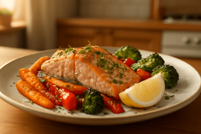 Ugnsbakad lax med citron och rostade grönsaker