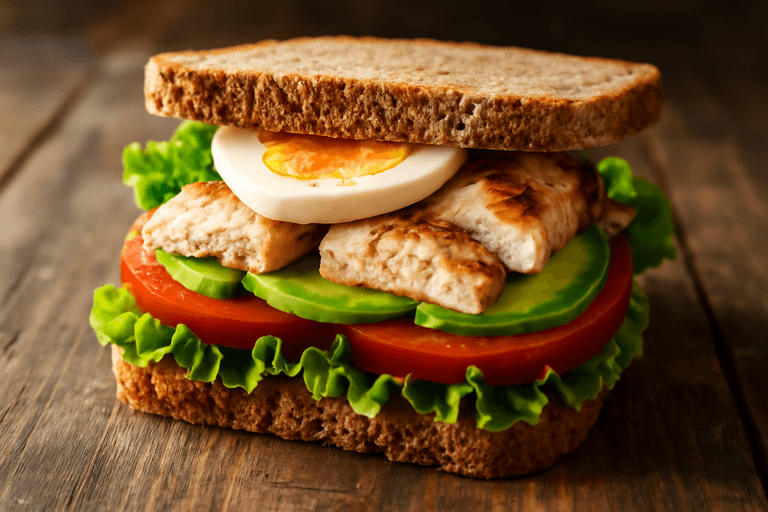 Proteinreiches Hähnchen-Sandwich mit Avocado und Vollkornbrot