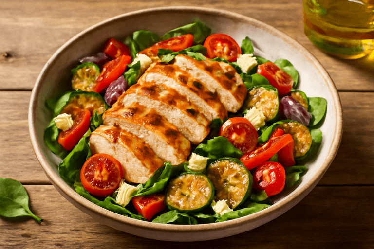 Lätt kycklingsallad med rostade grönsaker och fetaost