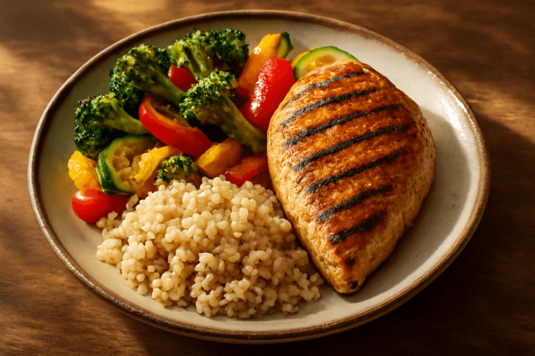 Pileća prsa s povrćem na roštilju i integralnom rižom
