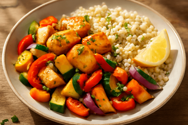 Leichte Gemüsepfanne mit Hähnchen und buntem Reis