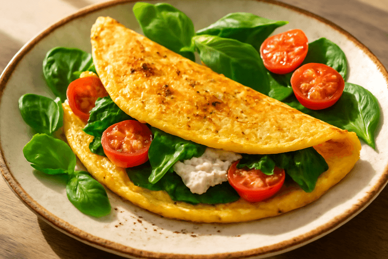 Omelette Proteico Clásico con Espinacas y Tomates