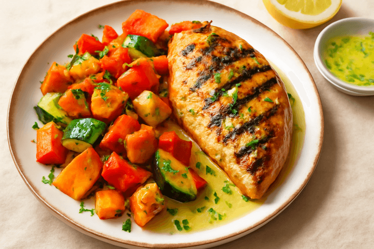 Kycklingfilé med Rostade Grönsaker & Citrondressing