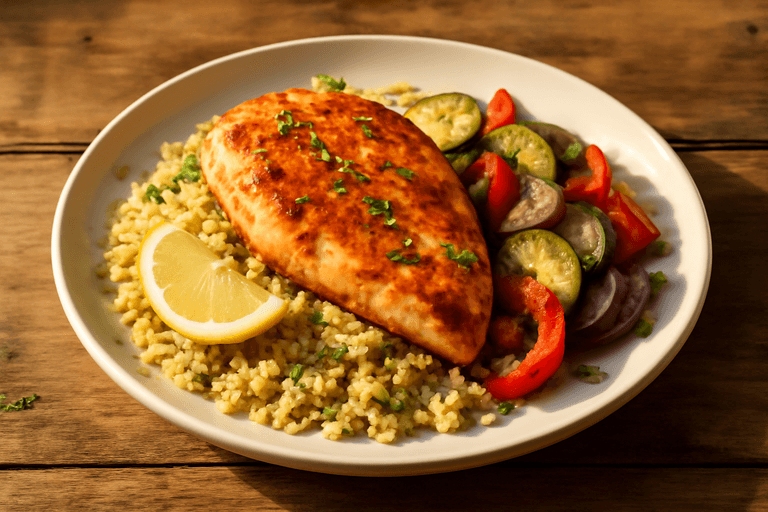 Pollo a la plancha con verduras asadas y quinoa