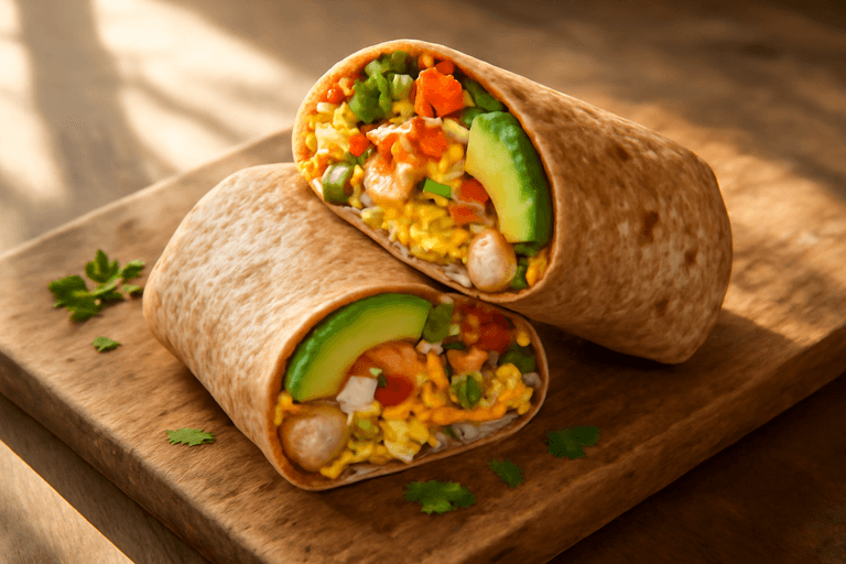Kraftvoller Frühstücks-Burrito mit Rührei und Avocado