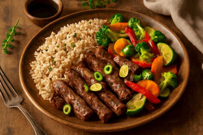 Proteinreiche Rinderpfanne mit Gemüse & Vollkornreis