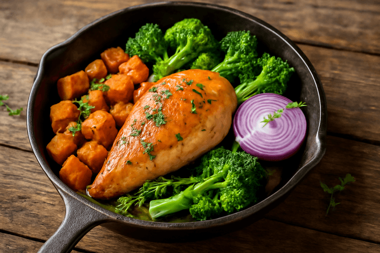 Proteinreiches Hähnchen-Süßkartoffel-Pfannengericht