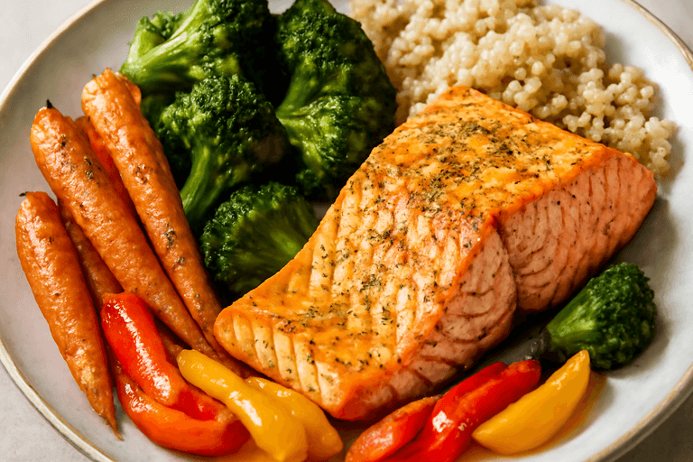 Ugnsbakad lax med quinoa och grönsaker