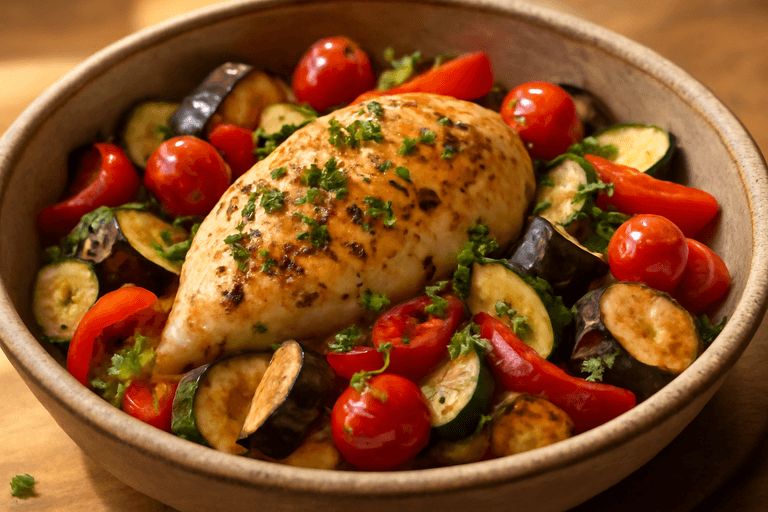 Pollo Mediterráneo al Horno con Verduras Frescas
