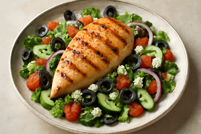Pollo a la plancha con ensalada mediterránea