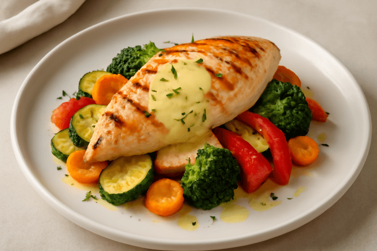 Ψητό Στήθος Κοτόπουλου με Λαχανικά και Φυτική Σάλτσα Μουστάρδας