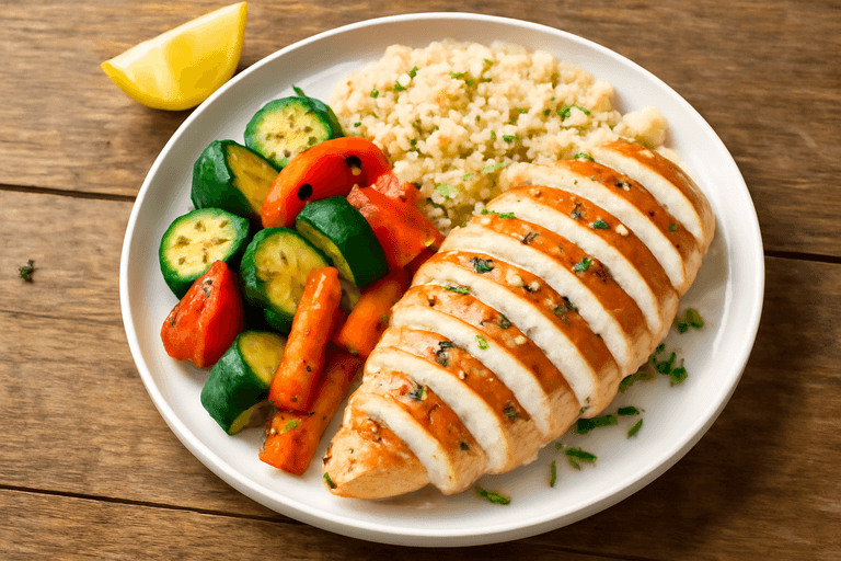 Pechuga de pollo a la plancha con verduras asadas y quinoa