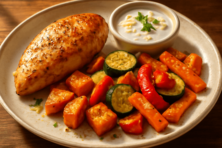 Kycklingfilé med ugnsrostade grönsaker och citronyoghurt