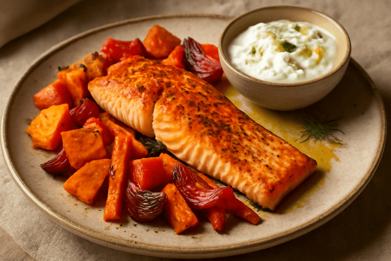 Laxfilé med rostade grönsaker och citronyoghurt