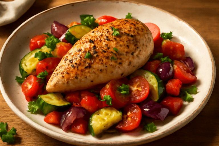 Gebackenes Hähnchenbrustfilet mit mediterranem Gemüse
