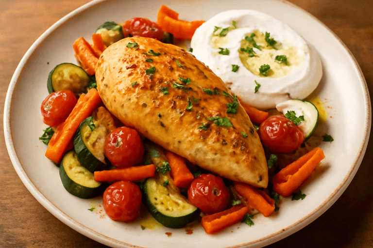 Hähnchenbrust auf Ofengemüse mit Joghurt-Dip