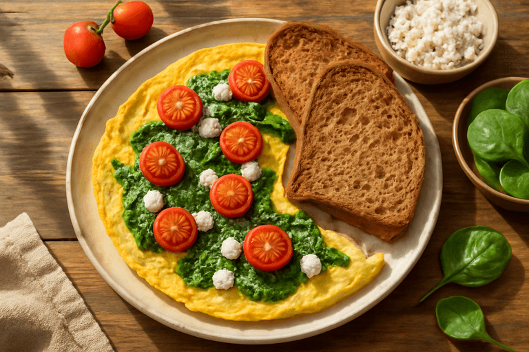Omletă clasică cu spanac și roșii