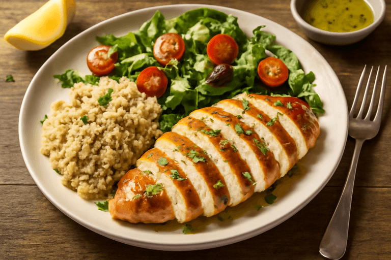 Piept de pui la grătar cu salată proaspătă și quinoa