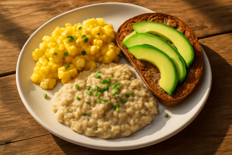 Proteinreiches Rührei mit Haferflocken und Avocado