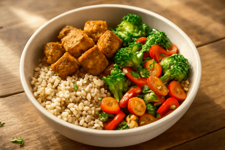 Klassische Hähnchen-Bowl mit Vollkornreis und buntem Gemüse